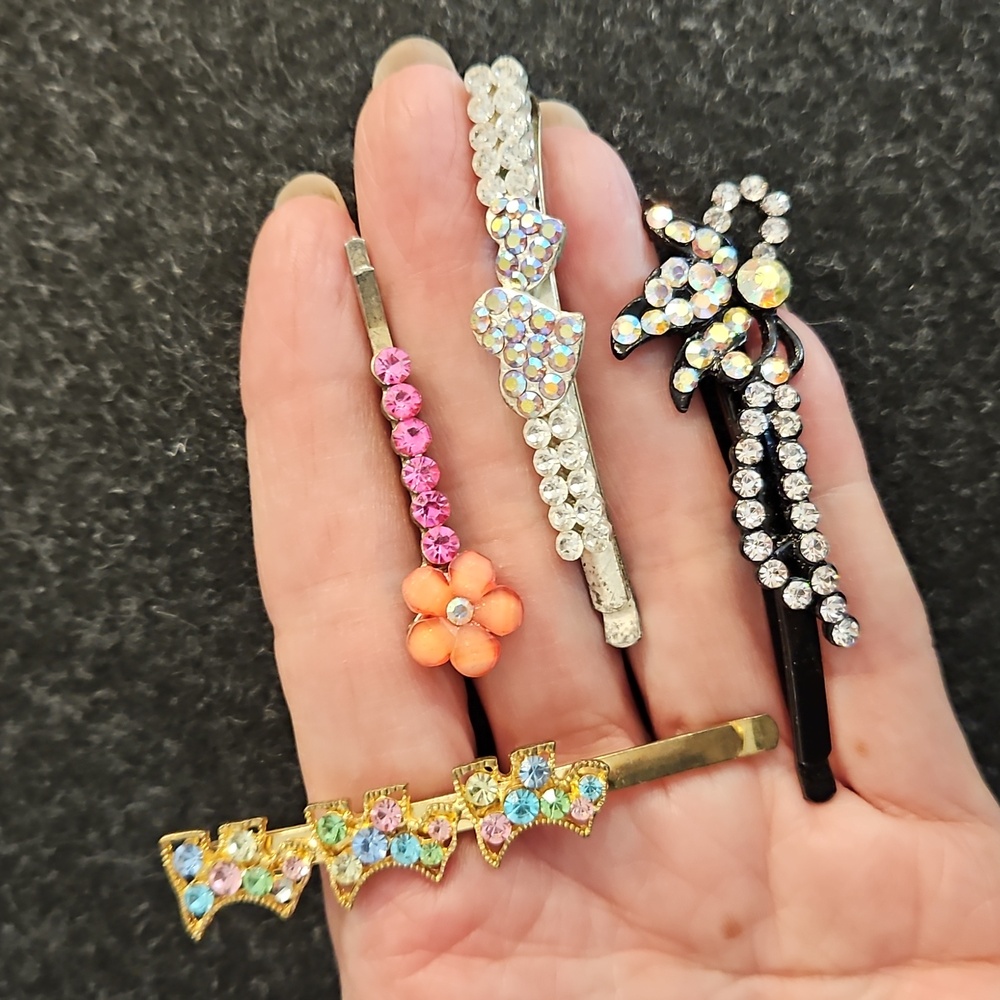 4 Piece Lot Multicolor Rhinestone hair pins Bow Flower Scottie Designs Cute - Picture 4 of 5
